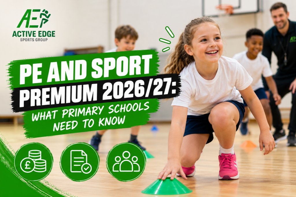 Primary school pupils taking part in a PE session, promoting PE and Sport Premium 2026/27 guidance for primary schools.
